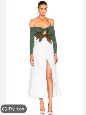 Off-Shoulder Green & White Maxi Skirt Dress with Front Slit